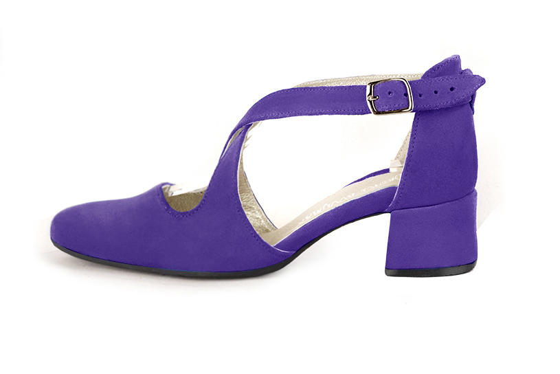 Women's violet purple elegant closed-back heels, with crossed straps. .  - Profile view